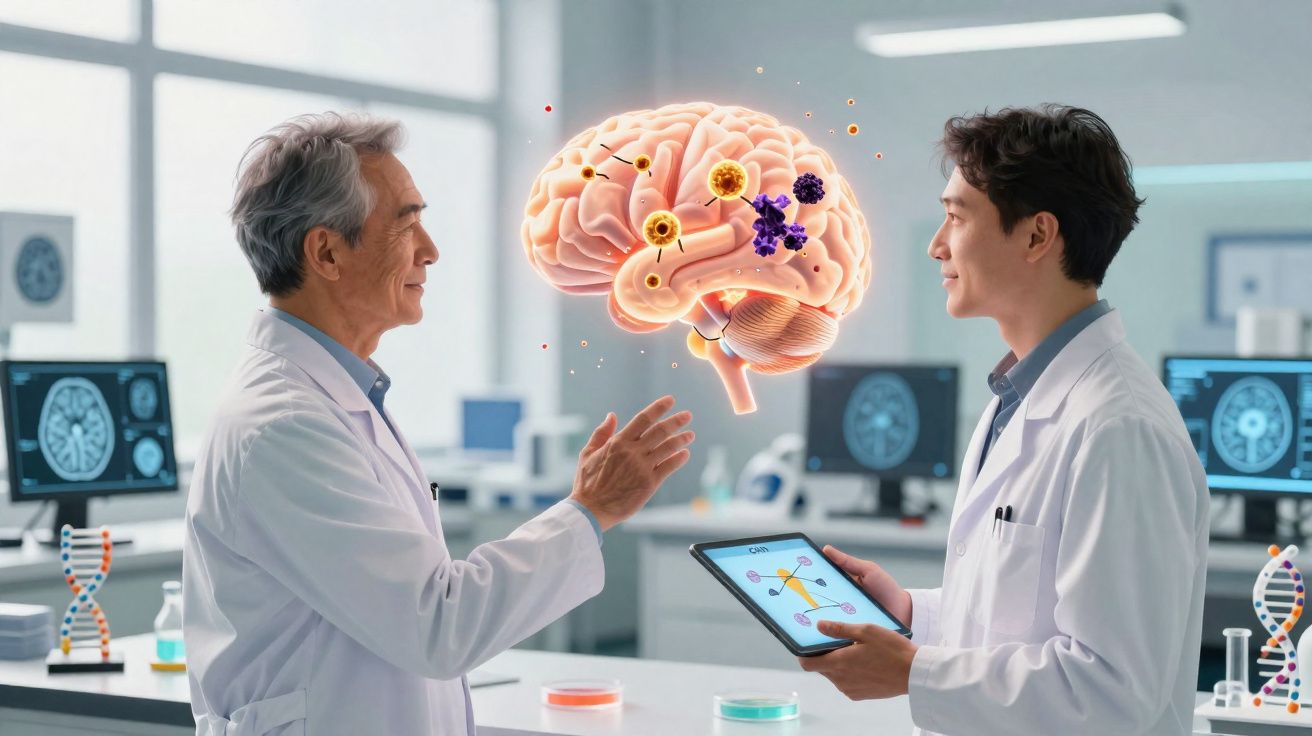 Dois cientistas em laboratório analisam visualização 3D do cérebro humano com células e moléculas.