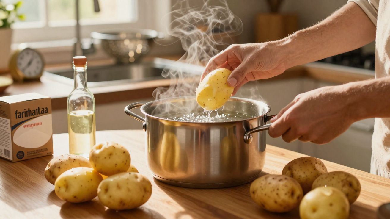 Pessoa a colocar batata em água a ferver numa panela numa cozinha iluminada.