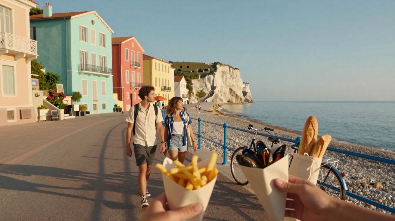 Casal a passear junto ao mar com casas coloridas e mão segurando comida de rua em dia soalheiro.