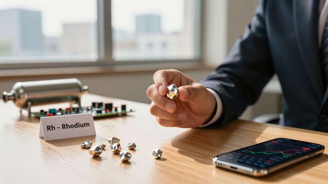 Pessoa de fato segura pedaço de ródio na mão, com mais fragmentos, gráfico financeiro e placa "Rh - Rhodium" numa mesa.
