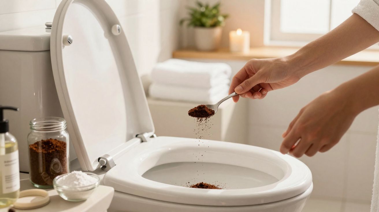 Pessoa a deitar café moído numa sanita branca num ambiente de casa-de-banho organizado e acolhedor.