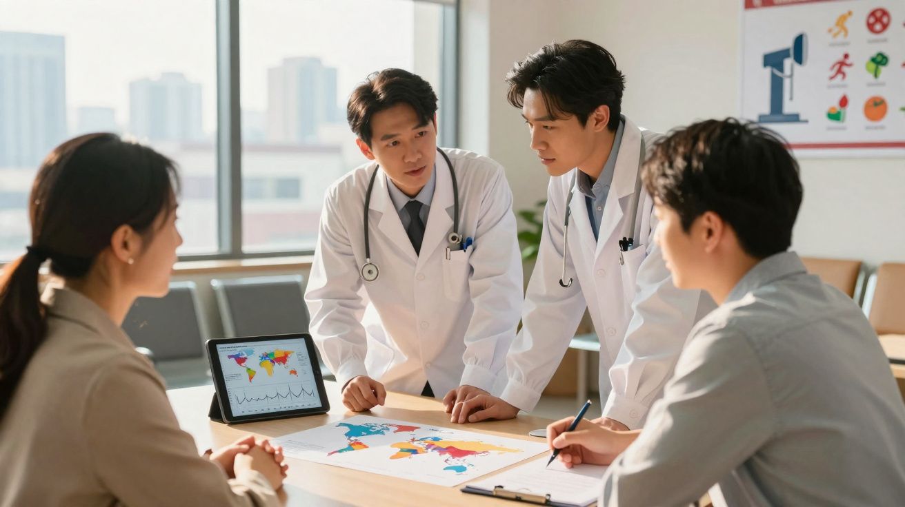 Quatro profissionais de saúde discutem mapas e gráficos numa sala iluminada por janelas grandes.