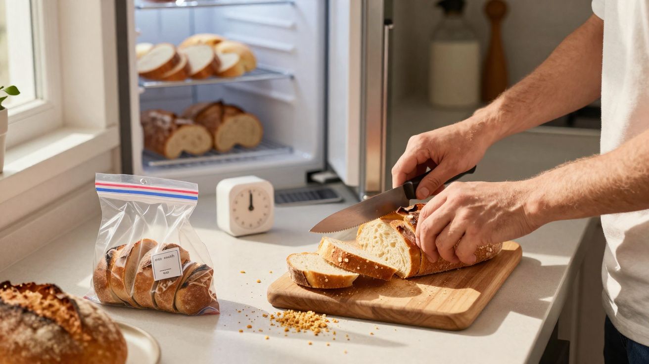 Pessoa a cortar pão num tabuleiro de madeira numa cozinha com pães e pacote de pão fatiado na bancada.