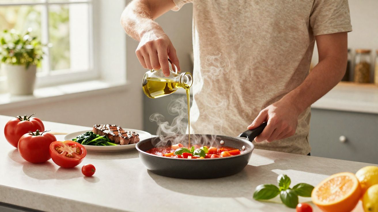 Pessoa a deitar azeite numa frigideira com molho de tomate e ervas numa cozinha luminosa.