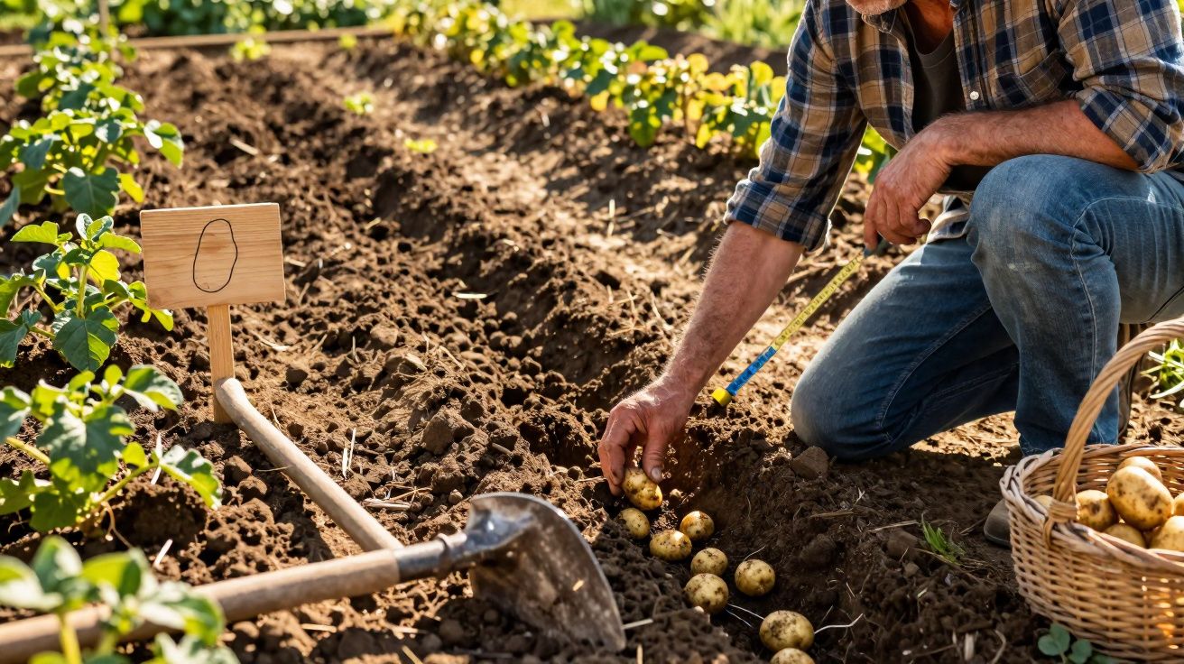 Agricultor a colher batatas recém-saídas do solo numa plantação agrícola.