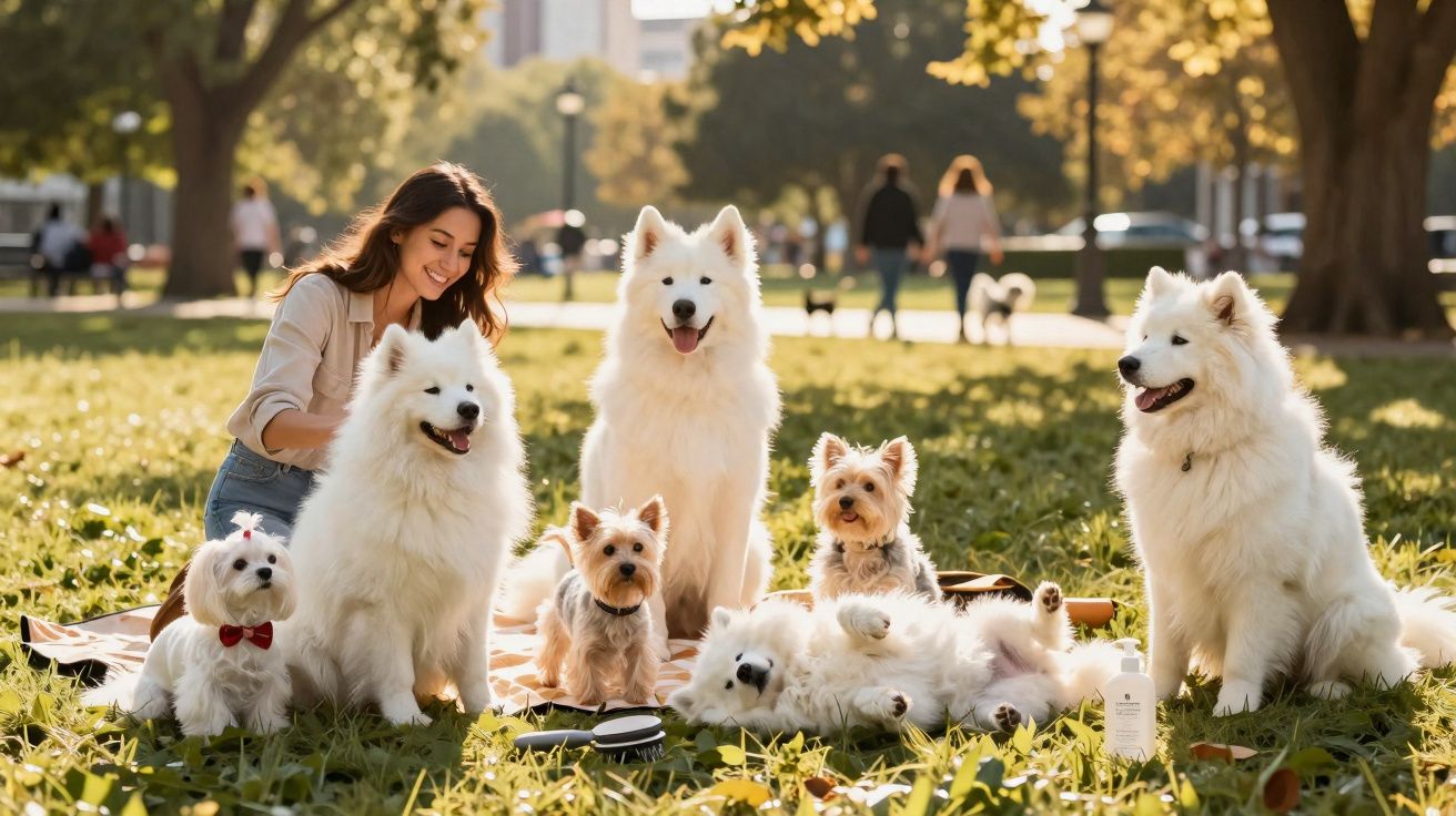 Mulher sorridente sentada na relva com sete cães pequenos e grandes num parque ensolarado.