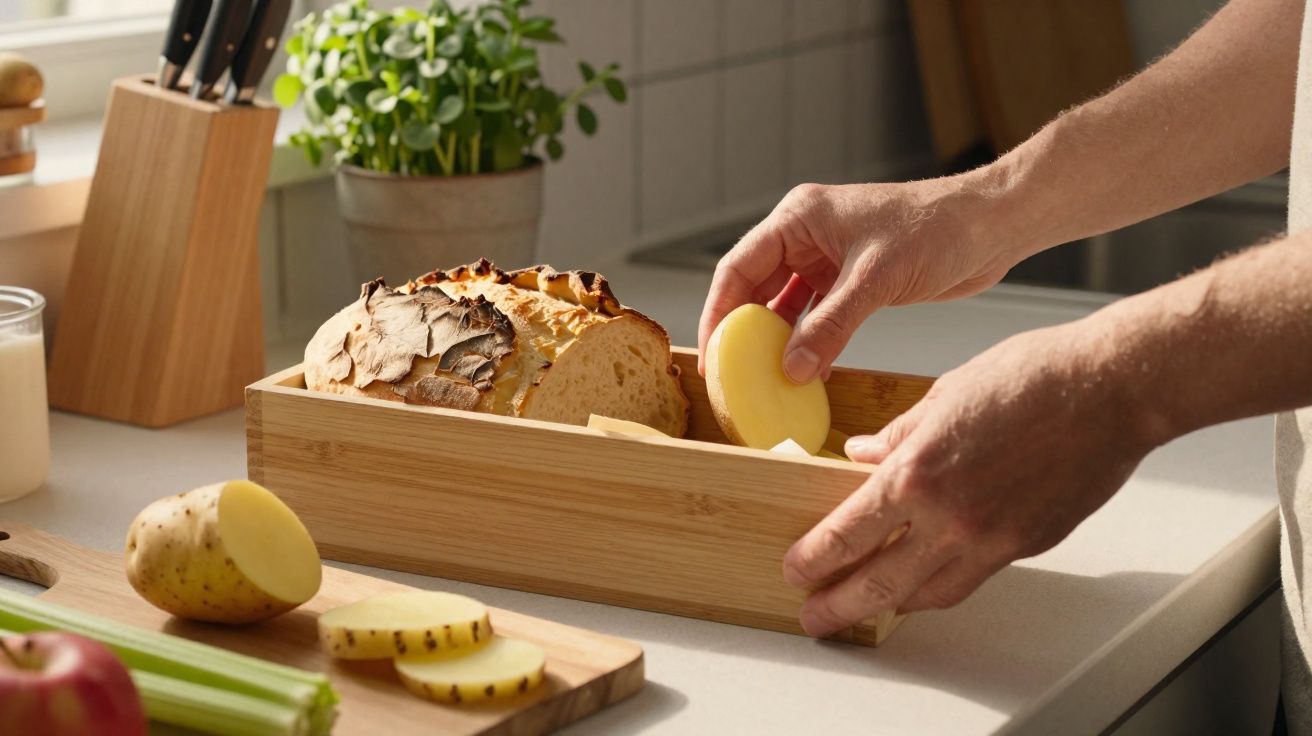 Pessoa a guardar rodelas de batata e pão numa caixa de madeira numa cozinha iluminada.