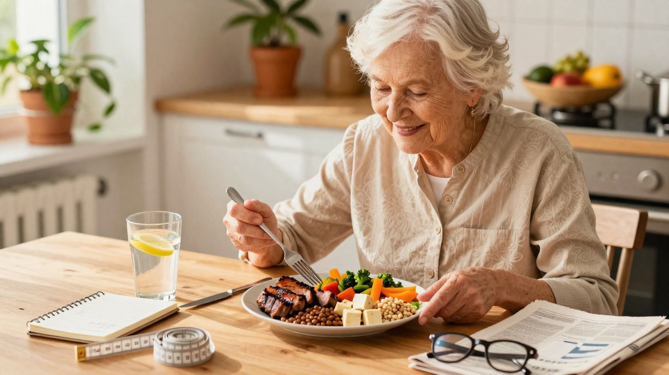 Idosa sorridente sentada à mesa com prato de comida saudável, copo de água e jornais à sua frente.