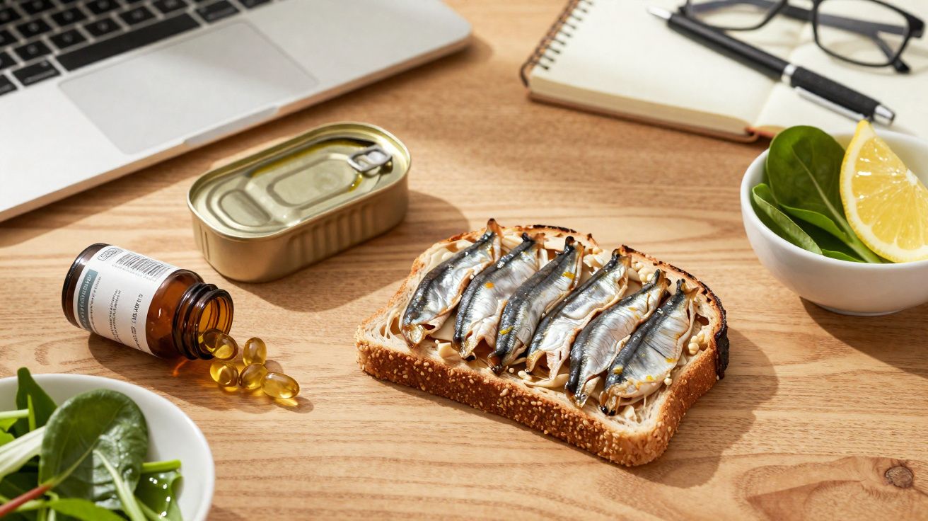 Mesa com torrada de sardinhas, cápsulas de óleo de peixe, lata aberta, laptop, caderno, óculos e limão.