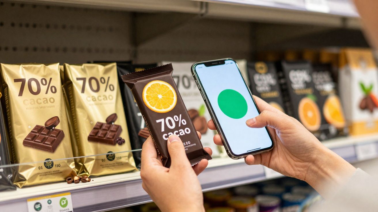 Pessoa a usar telemóvel para pagar tablete de chocolate 70% cacau com sabor a laranja numa prateleira.