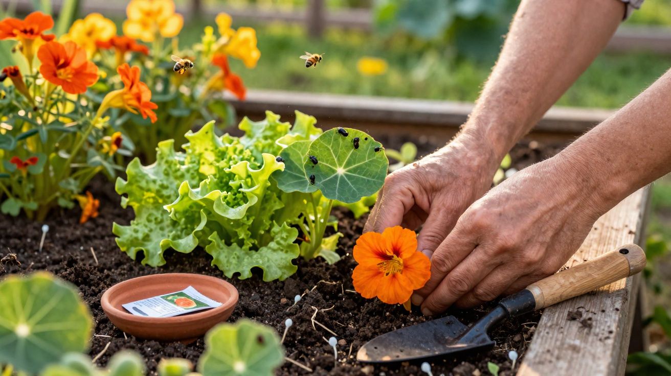 Mãos a plantar flor laranja numa horta com alface e abelhas em voo, pá de jardim ao lado.