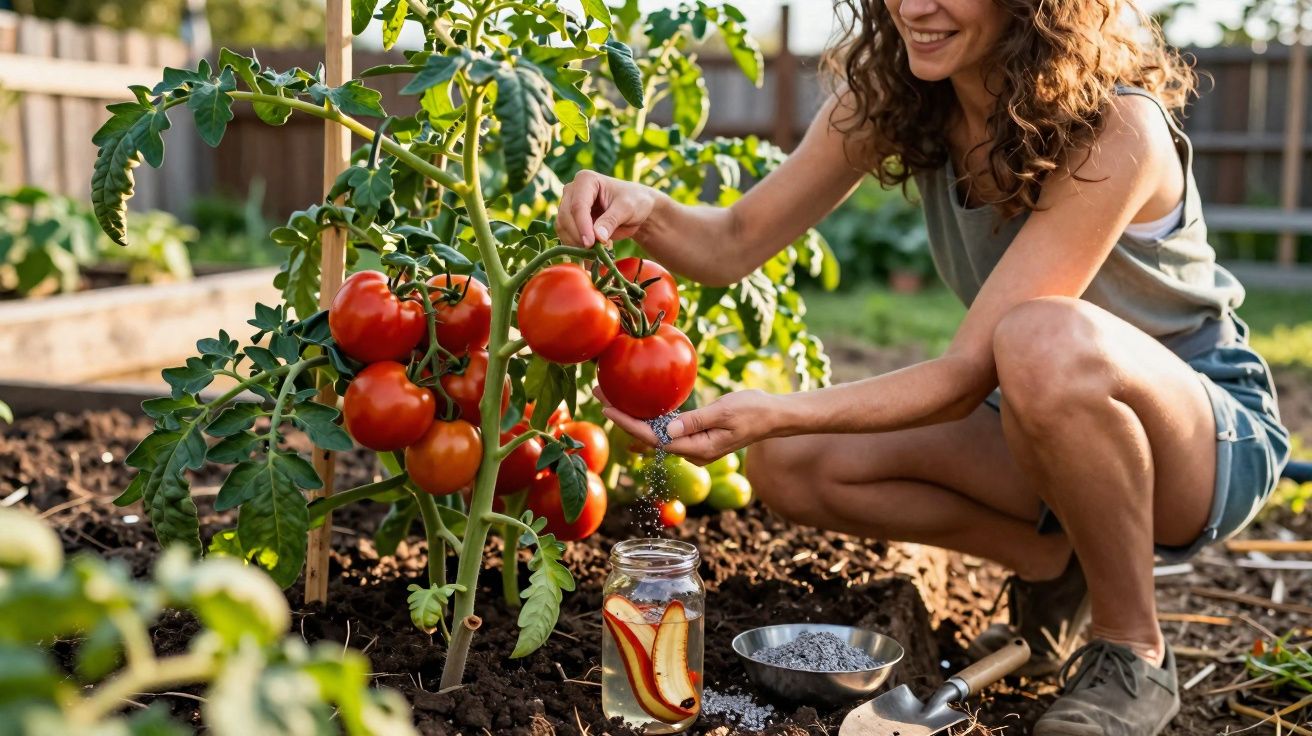 Mulher a adubar planta de tomateiros com frutos maduros num jardim ensolarado.