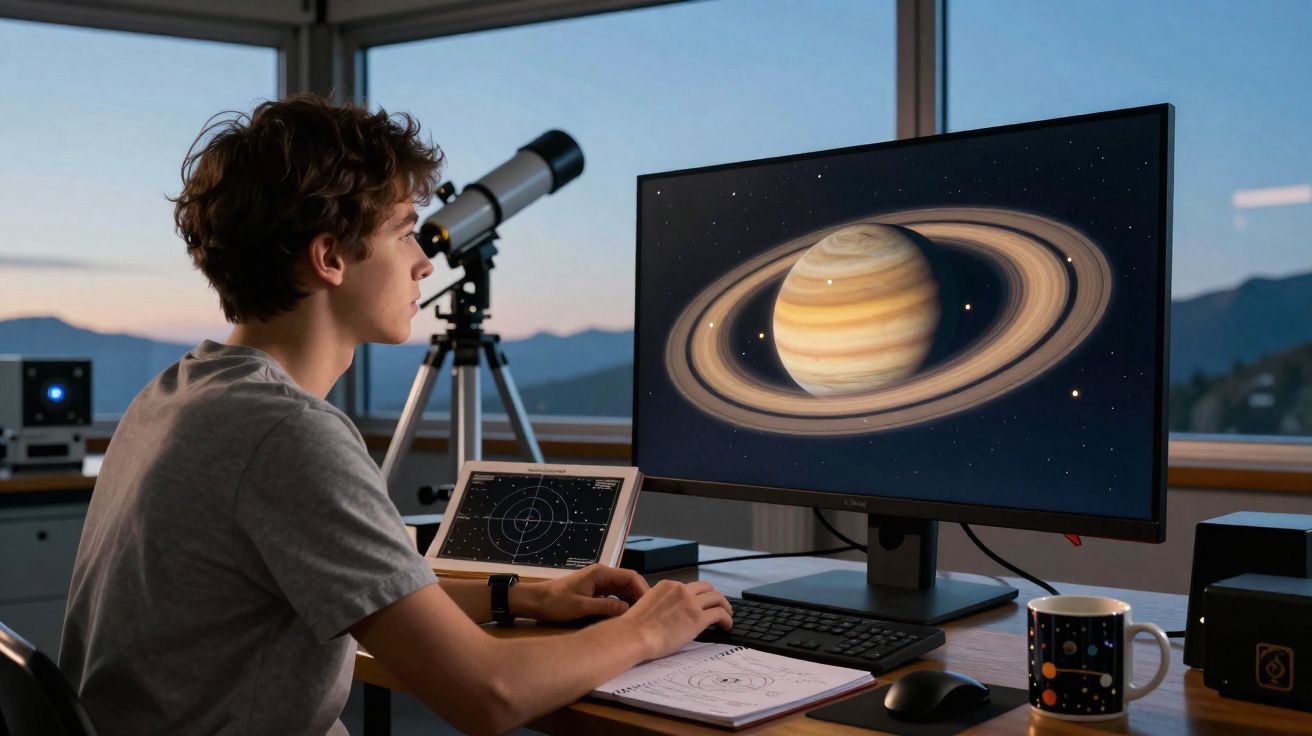 Jovem a observar imagem de Saturno num ecrã, com telescópio e material de astronomia na secretária.