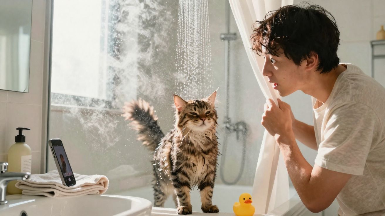 Gato molhado na banheira a olhar para jovem que puxa a cortina do chuveiro num quarto de banho iluminado.