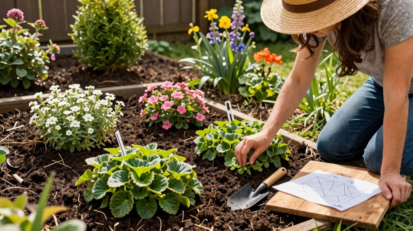 Mulher de chapéu a cuidar de plantas num canteiro com flores e registo de planificação ao lado.