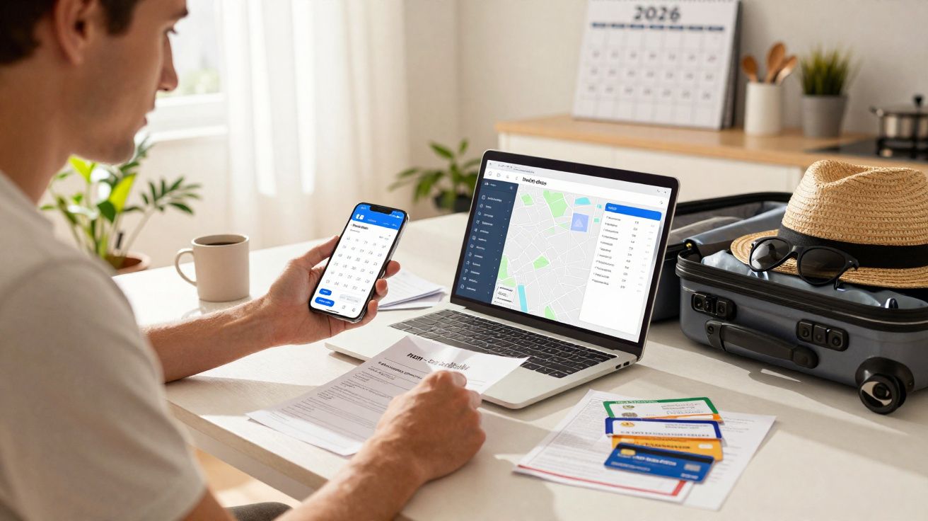 Homem a planear viagem em escritório com calendário no telemóvel e mapa no portátil, malas e documentos na mesa.