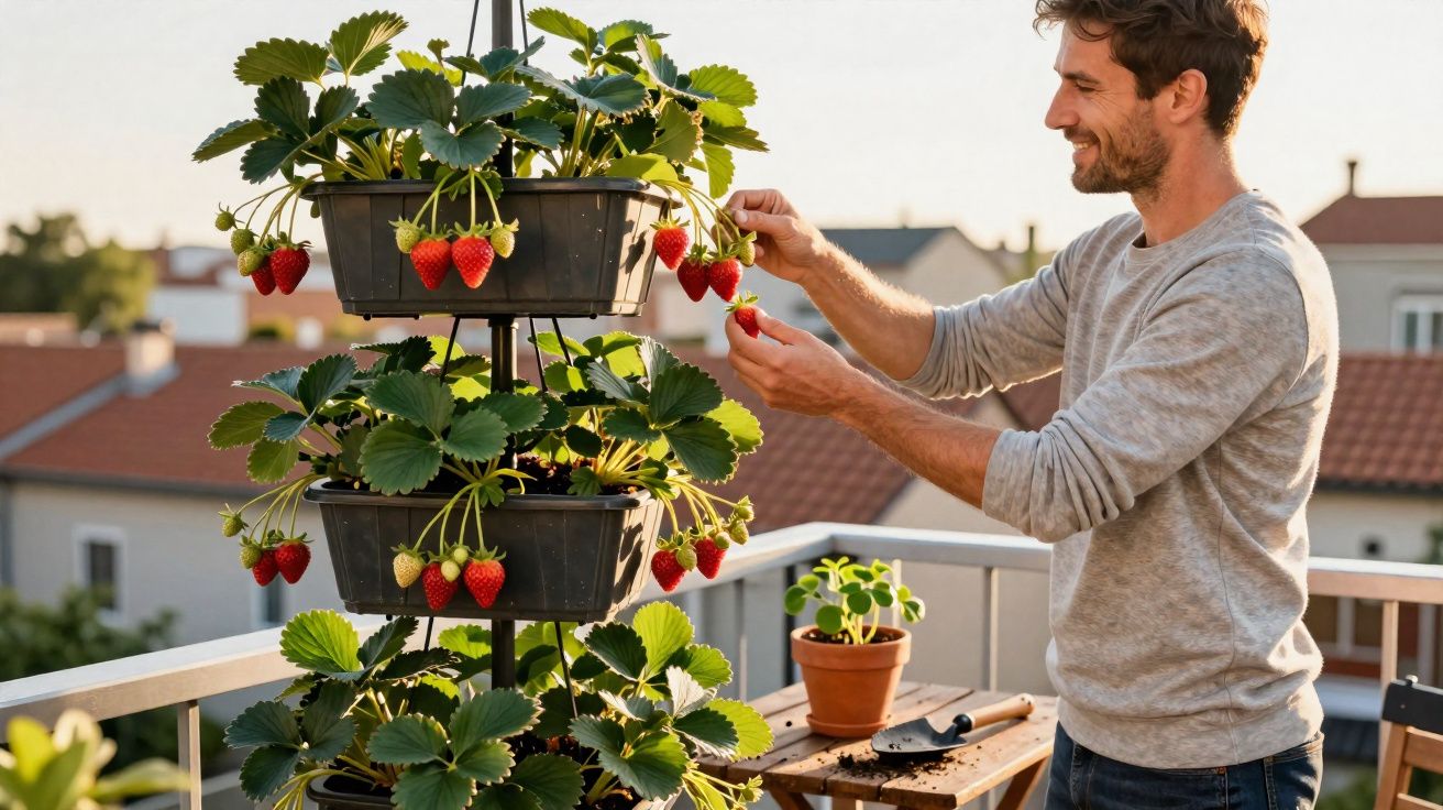 Homem colhe morangos maduros numa varanda com cultivo vertical em vasos pretos suspensos.