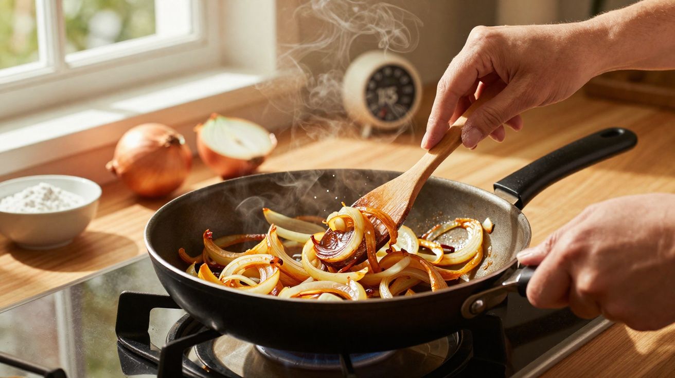 Mãos a cozinhar cebolas fatiadas a frigir numa frigideira ao lume numa cozinha com luz natural.