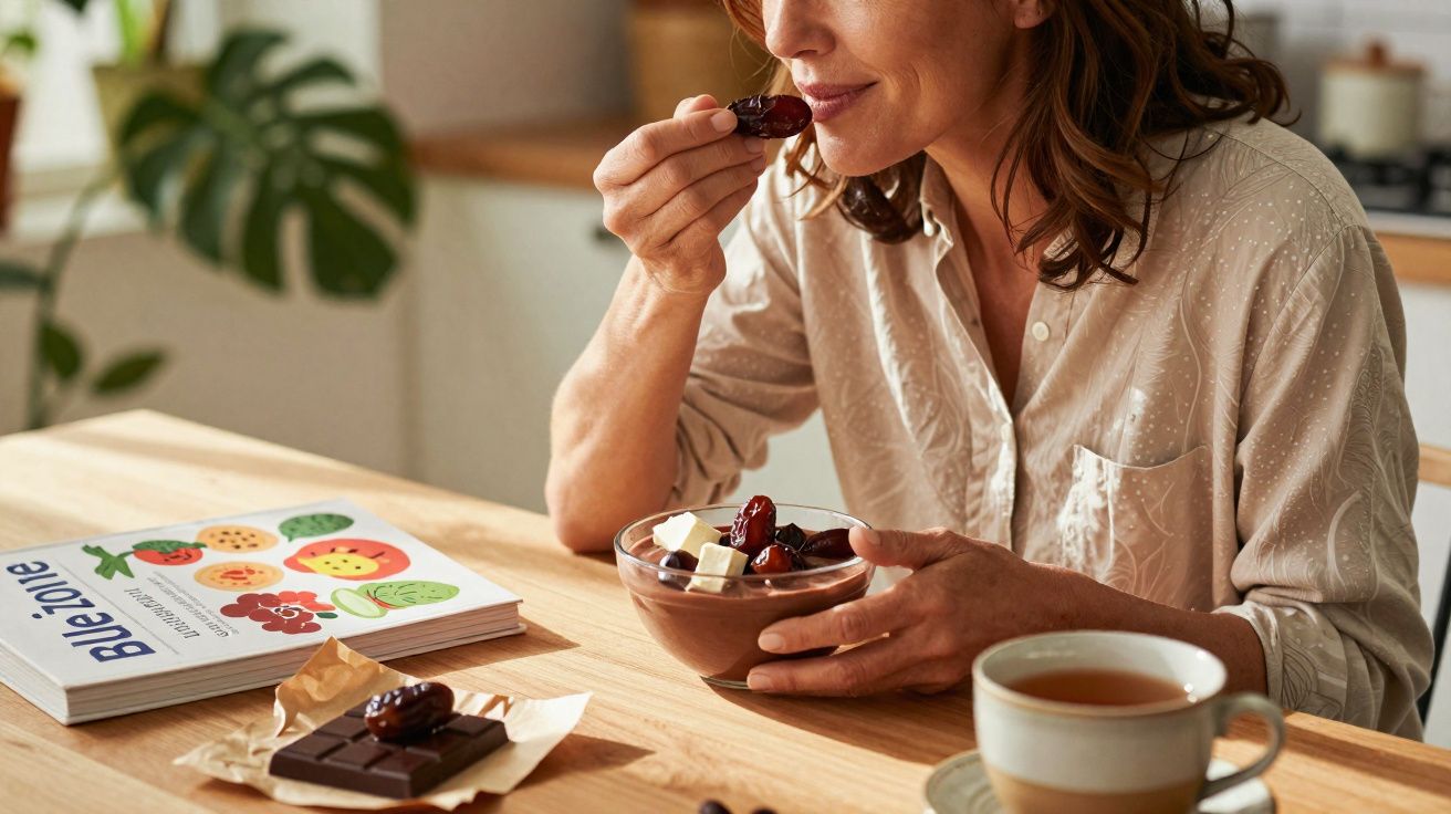 Mulher a saborear tâmaras num pote com chocolate, ao lado de chá, chocolate em barra e livro de receitas.