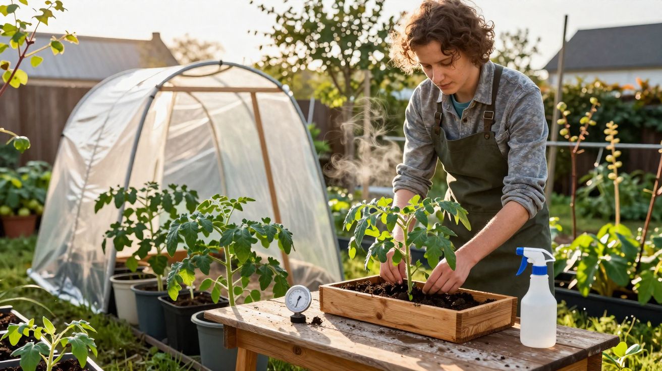 Pessoa a cuidar de plantas numa estufa pequena em jardim, com pulverizador e termómetro na mesa de madeira.