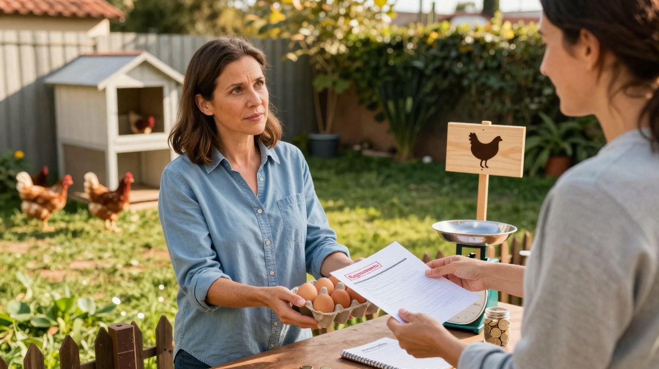Mulher a vender ovos caseiros a outra pessoa numa feira ao ar livre com galinhas ao fundo.