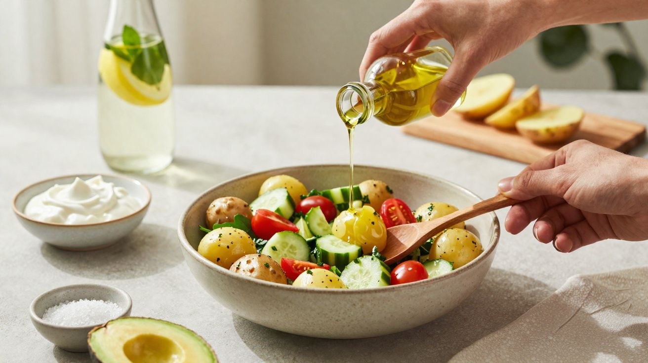 Salada de batatas, tomate, pepino e sementes, com azeite a ser derramado e abacate à frente.