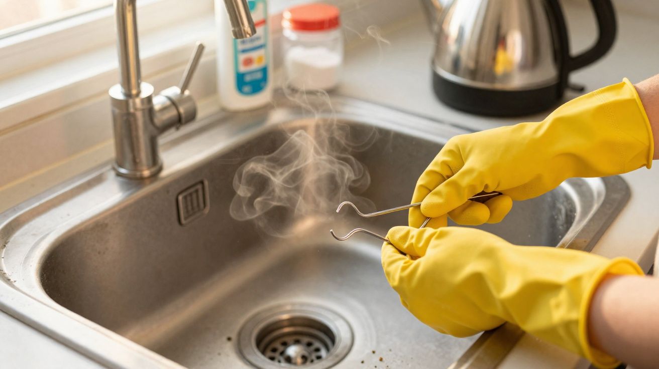 Pessoa com luvas amarelas a limpar instrumentos dentários num lava-loiças com vapor visível.