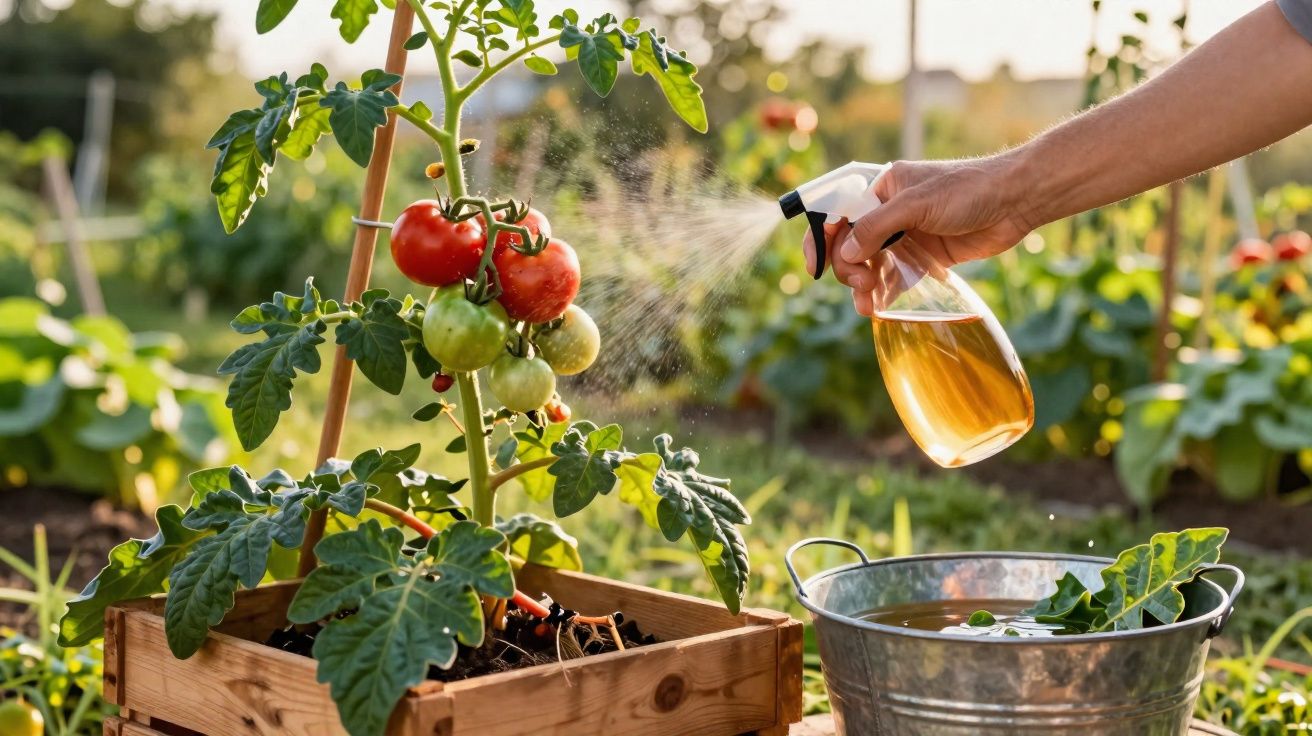 Pessoa a pulverizar planta de tomate com líquido num jardim soalheiro ao final da tarde.