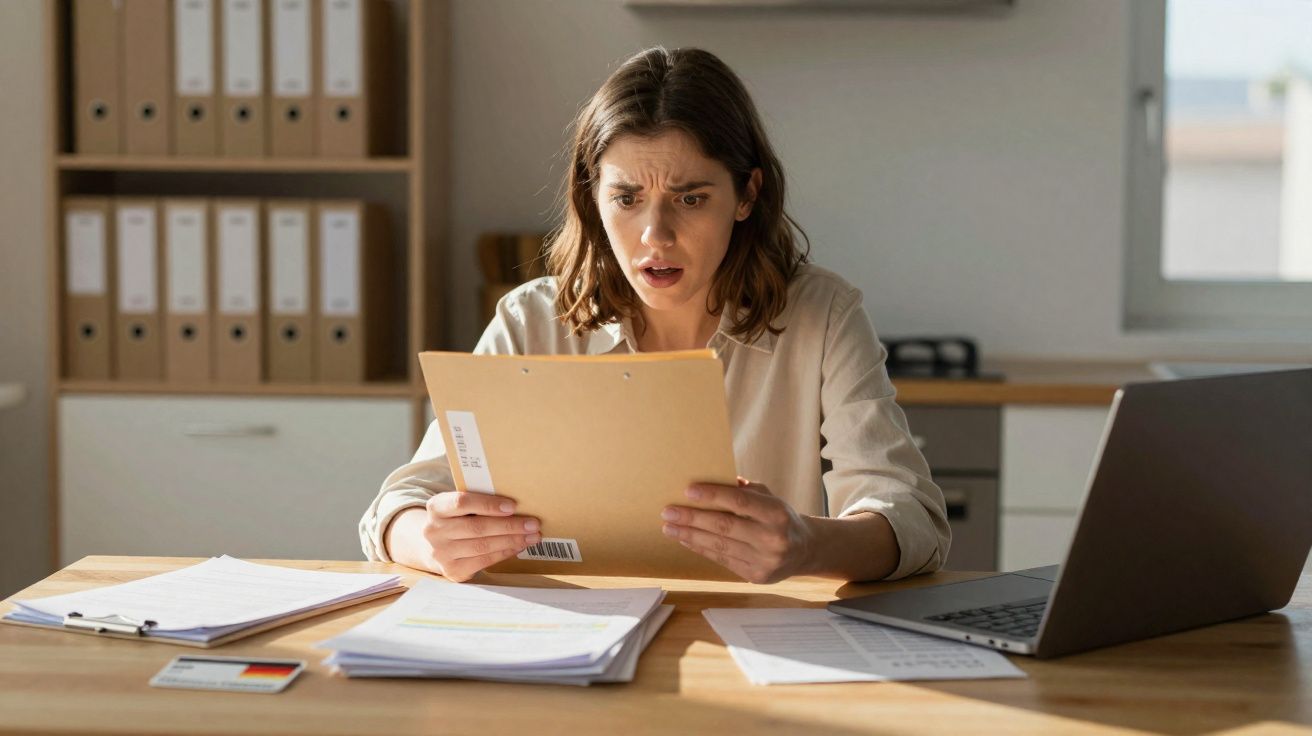 Mulher com expressão preocupada a analisar documentos numa secretária com computador portátil.