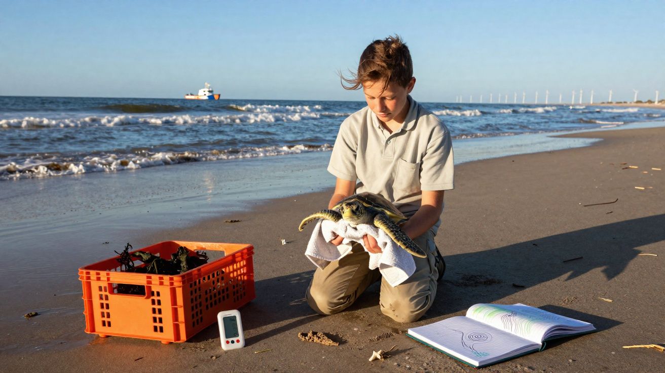 Criança segura tartaruga marinha na praia junto a caixa, aparelho e livro durante estudo ambiental.