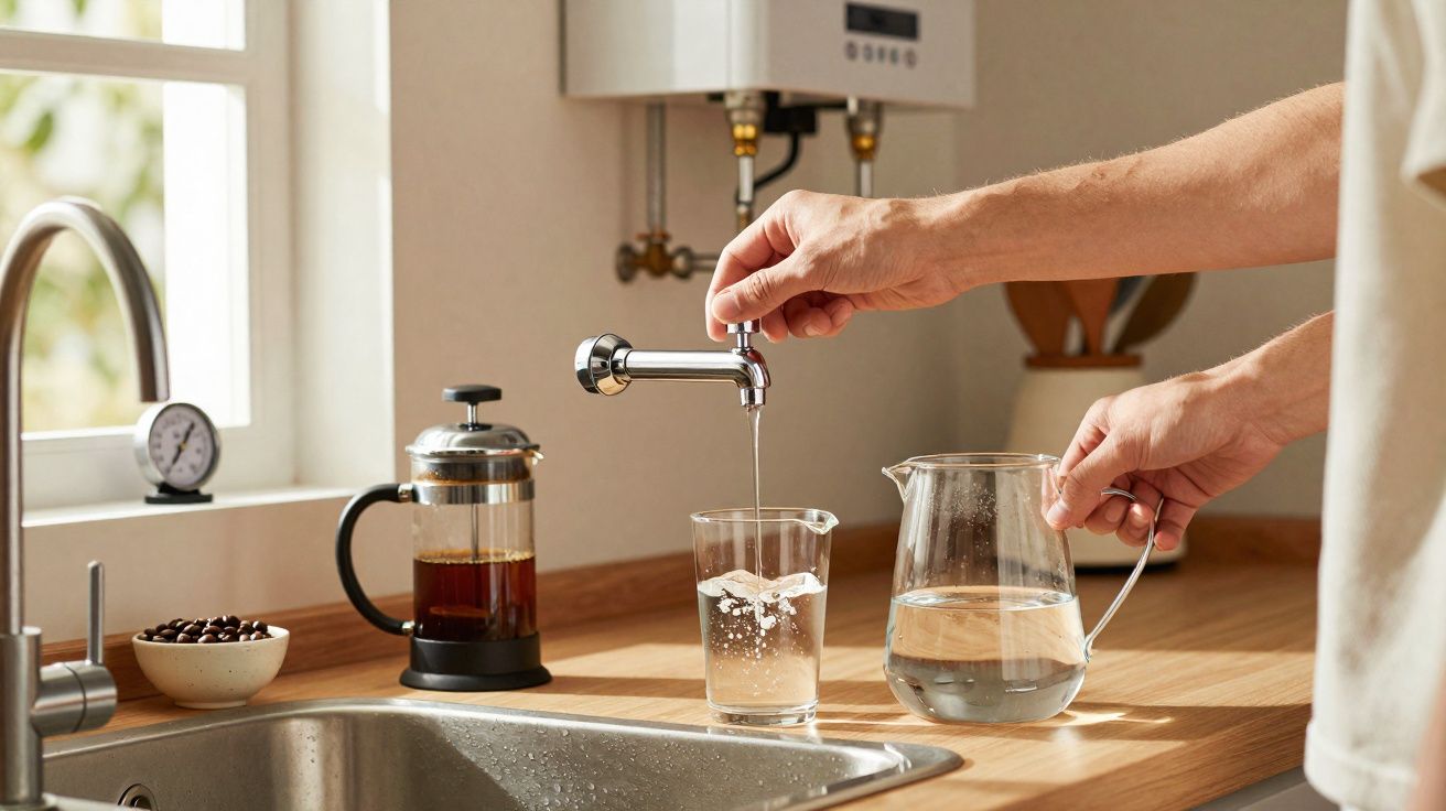 Pessoa a encher copo de água numa cozinha moderna com cafeteira francesa e máquina de café ao fundo.