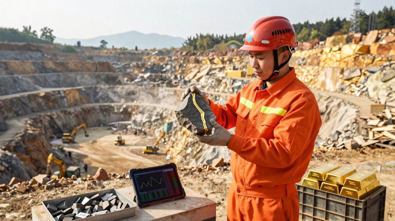 Homem de capacete e fato laranja analisa pedra numa mina a céu aberto com barras de ouro ao lado.