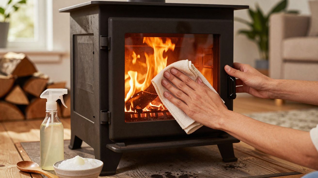 Mãos a limpar uma lareira de ferro fundido acesa, com lenha e produtos de limpeza numa mesa de madeira.
