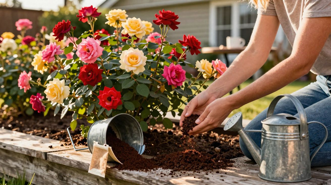 Pessoa a semear flores coloridas num canteiro de madeira num jardim ensolarado.