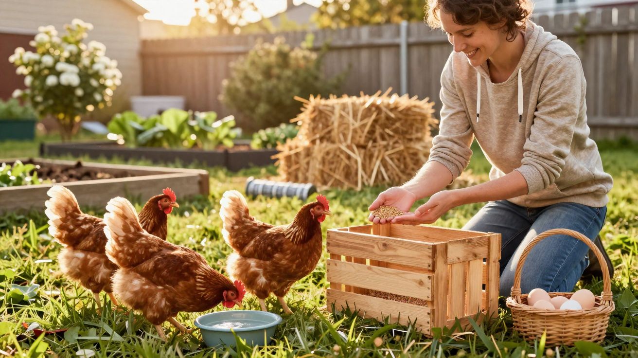 Mulher a alimentar galinhas num quintal com cesta de ovos e palha ao fundo, ambiente ensolarado.