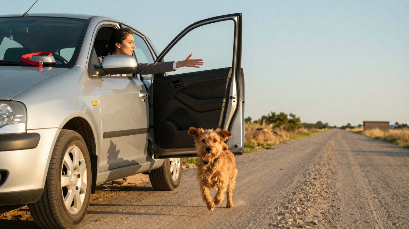 Mulher parada em carro prateado com porta aberta a chamar cão que corre em caminho de terra.