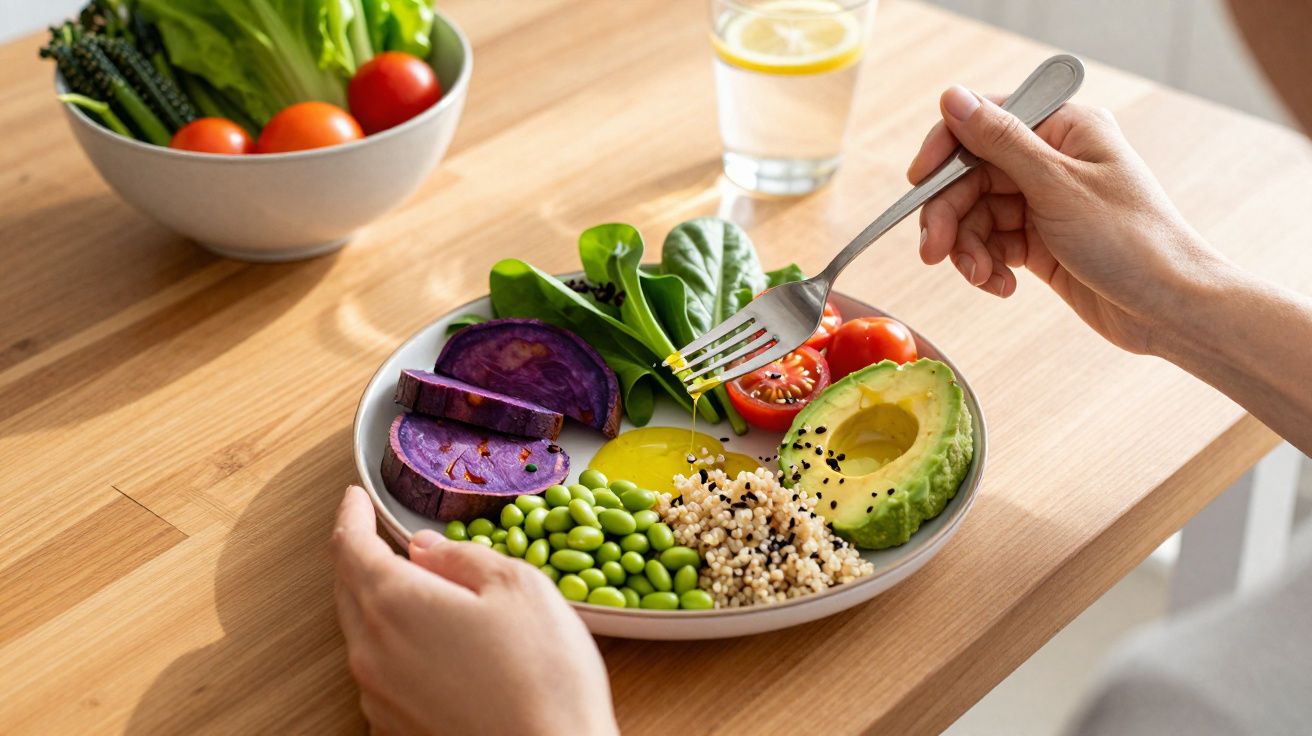 Prato com salada colorida, abacate, tomate, quinoa, edamame, batata-doce roxa e folhas verdes numa mesa de madeira.