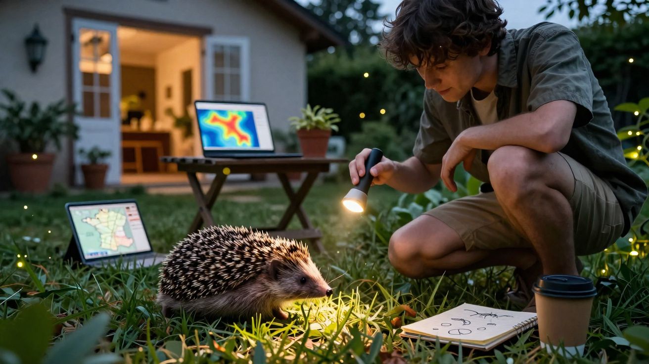 Rapaz observa ouriço na relva à noite com lanterna, notas e computadores ao fundo.