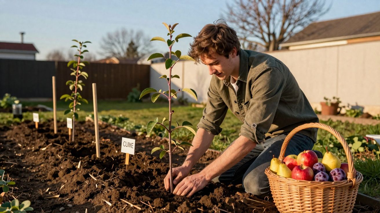 Homem a plantar uma muda de árvore numa horta com cesto de frutos ao lado durante o dia.