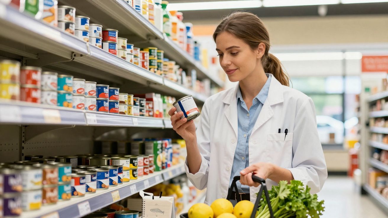 Mulher de bata branca olha lata de conserva numa prateleira de supermercado com cesta de compras.