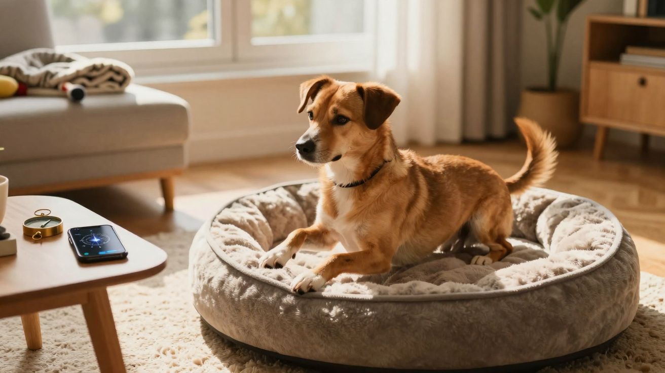 Cão castanho deitado numa cama cinzenta felpuda numa sala de estar iluminada pelo sol.