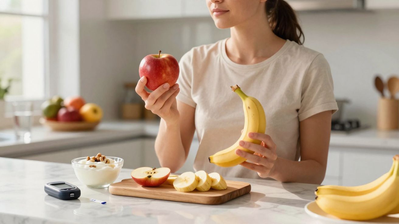 Mulher em cozinha a segurar maçã e banana, com comida saudável e medidor de glicose na bancada.
