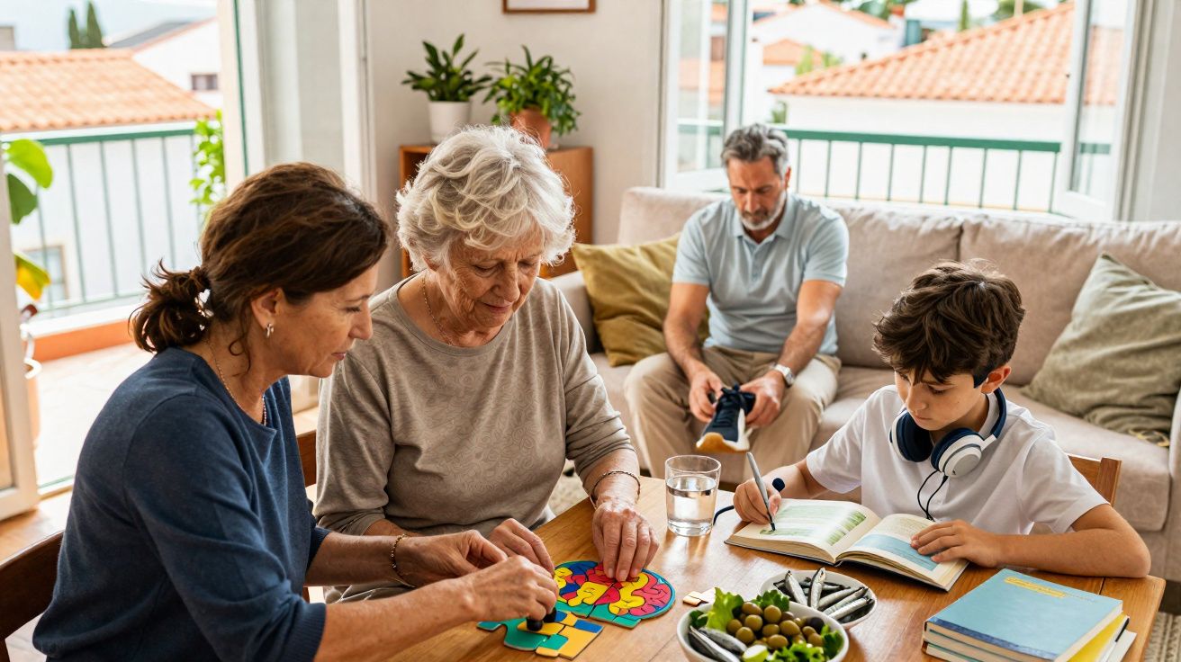 Família de quatro gerações interage num sofá e mesa com jogos e livros numa sala luminosa.
