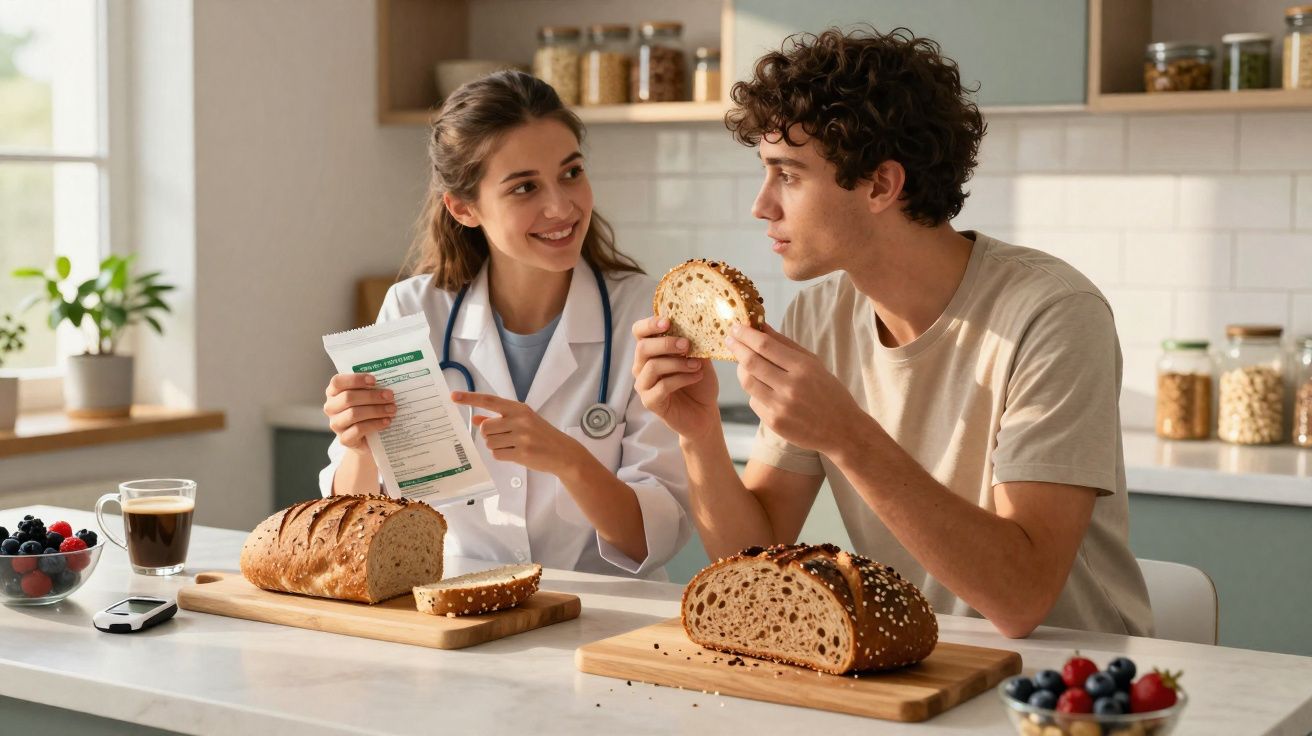 Nutricionista a explicar a informação nutricional do pão a um jovem numa cozinha moderna.