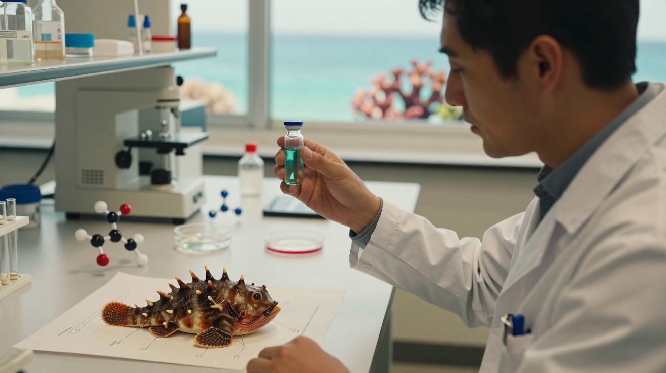 Cientista em laboratório analisa amostra líquida perto de modelo de peixe espinhoso em mesa branca.