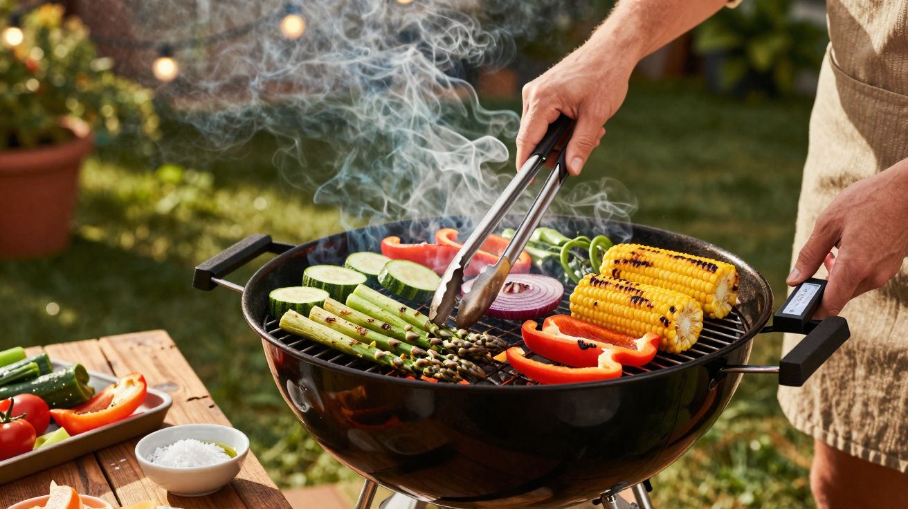 Mãos a grelhar legumes variados, incluindo espigão, milho, curgete e pimento, num grelhador exterior.