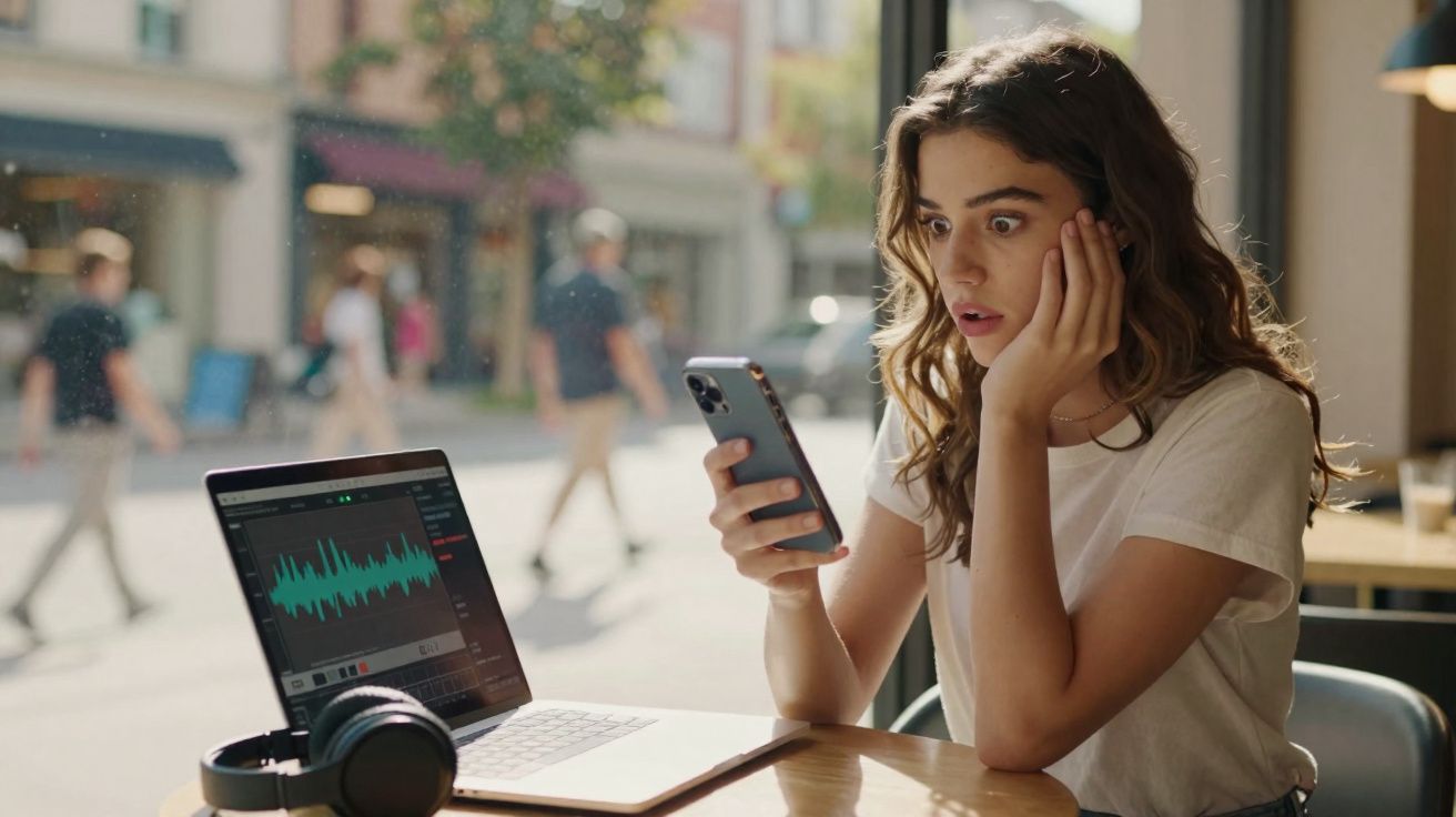 Jovem sentada numa mesa com computador e auscultadores, olhando surpreendida para o telemóvel.