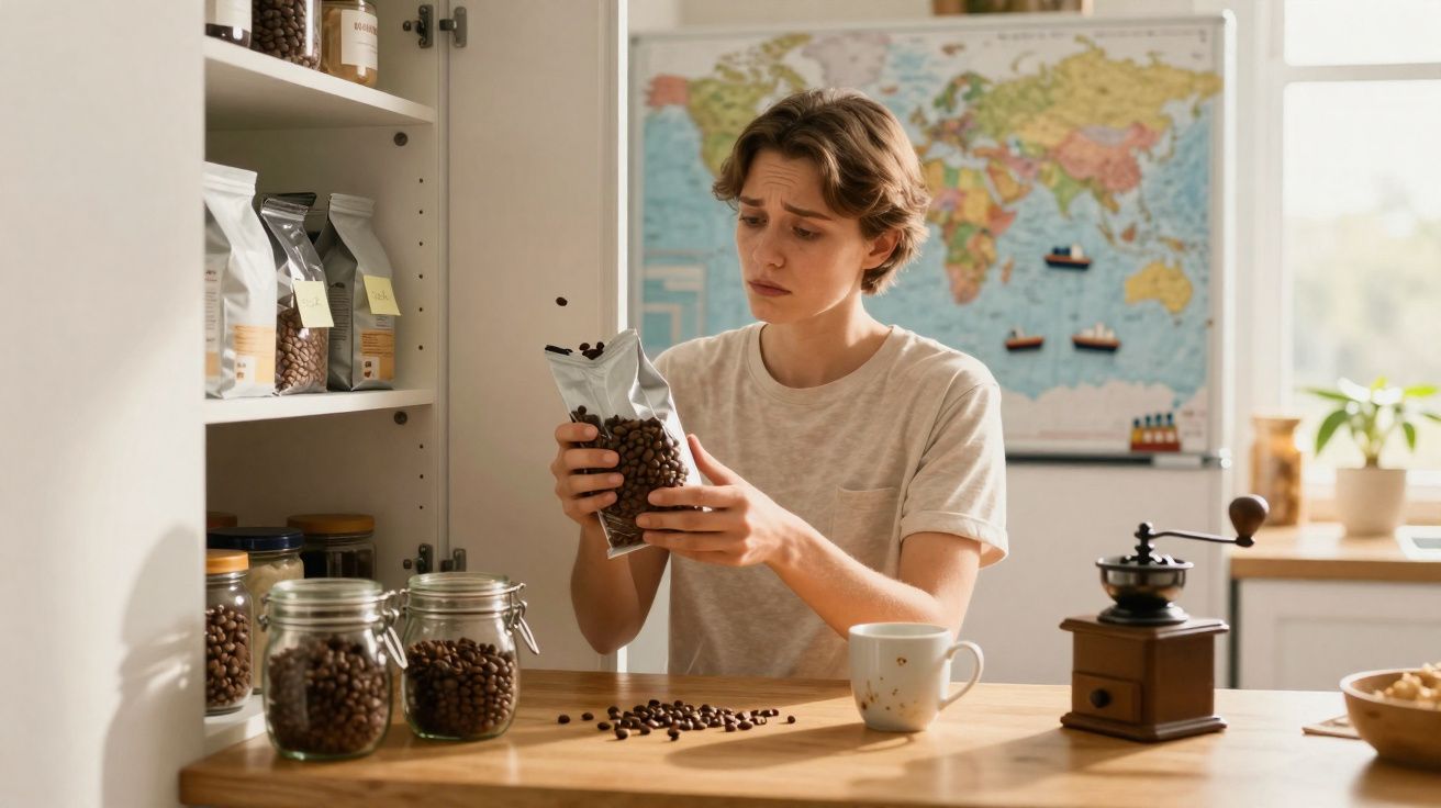 Pessoa em cozinha a ver com atenção saco de grãos de café, com café moído e moinho na mesa.