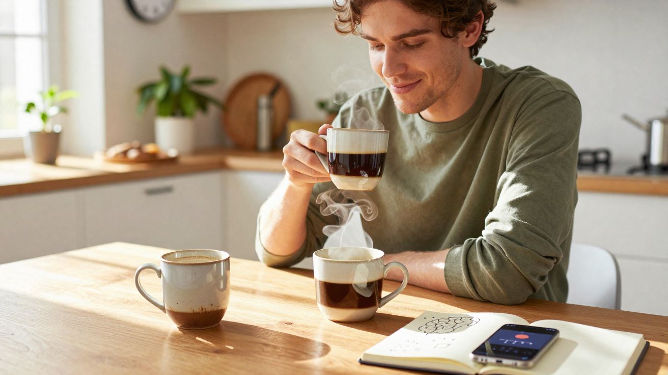Jovem sentado à mesa a desfrutar de café quente, com cadernos e telemóvel à sua frente.