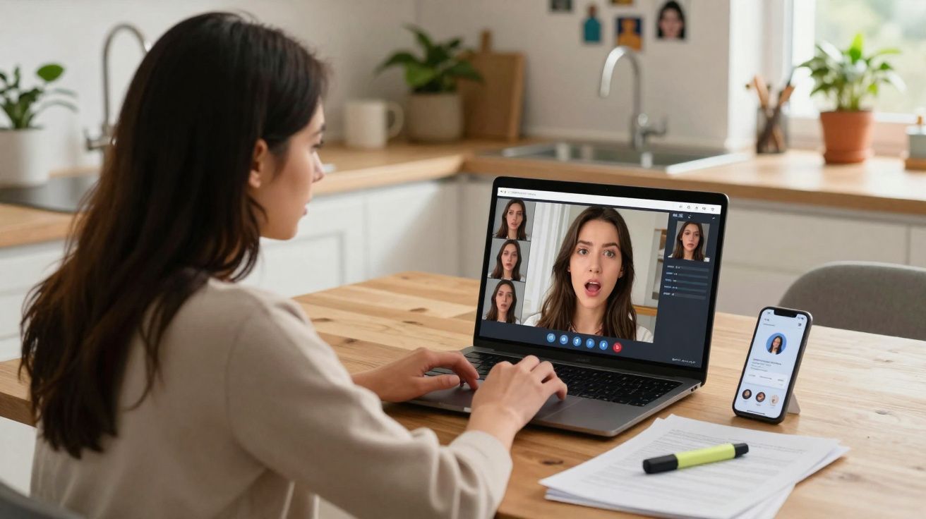 Mulher a participar numa videochamada no computador, sentada numa mesa com telemóvel e papéis à frente.